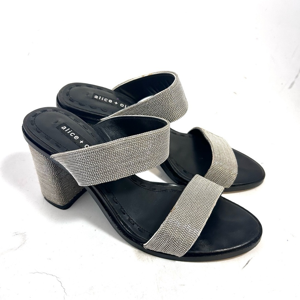 ALICE + OLIVIA Talliey Silver Metallic Beaded Strappy Block Heel Sandal Sz 7.5